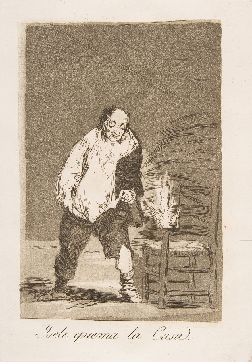 اللوحة 18 من 'Los Caprichos': ومنزله مشتعل بالنار Ysele quema la Casa.، 1799. بواسطة فرانسيسكو دي جويا