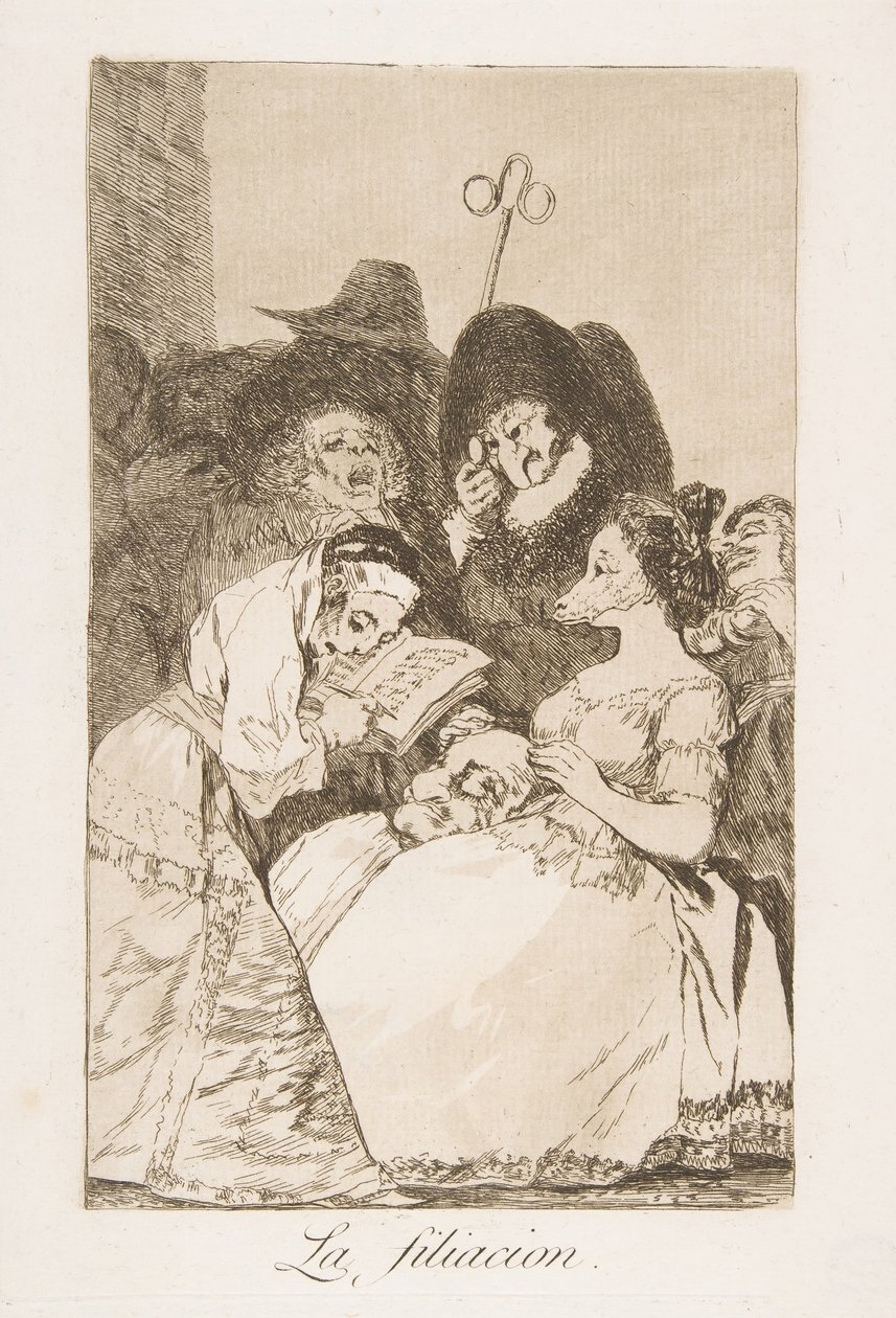 اللوحة 57 من Los Caprichos: The filiation La filiacion. ، 1799. بواسطة فرانسيسكو دي جويا
