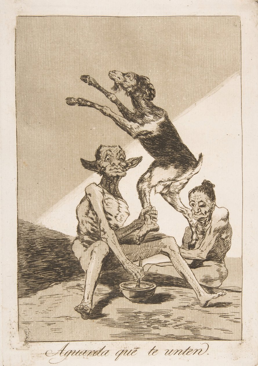 اللوحة 67 من Los Caprichos: انتظر حتى يتم مسحك Aguarda que te unten.، 1799. بواسطة فرانسيسكو دي جويا