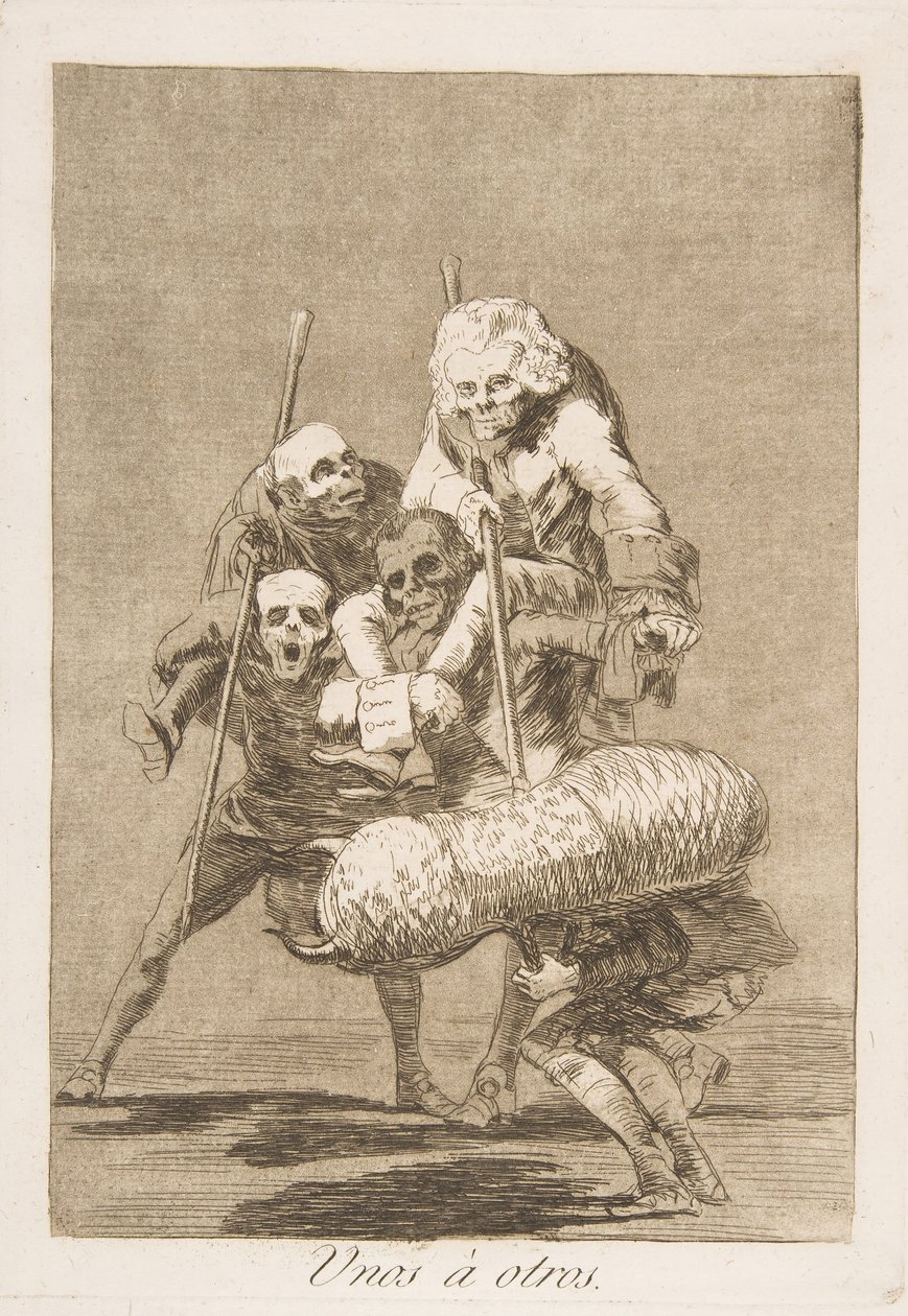 اللوحة 77 من "Los Caprichos": ما يفعله المرء بآخر Unos á otros ، 1799. بواسطة فرانسيسكو دي جويا