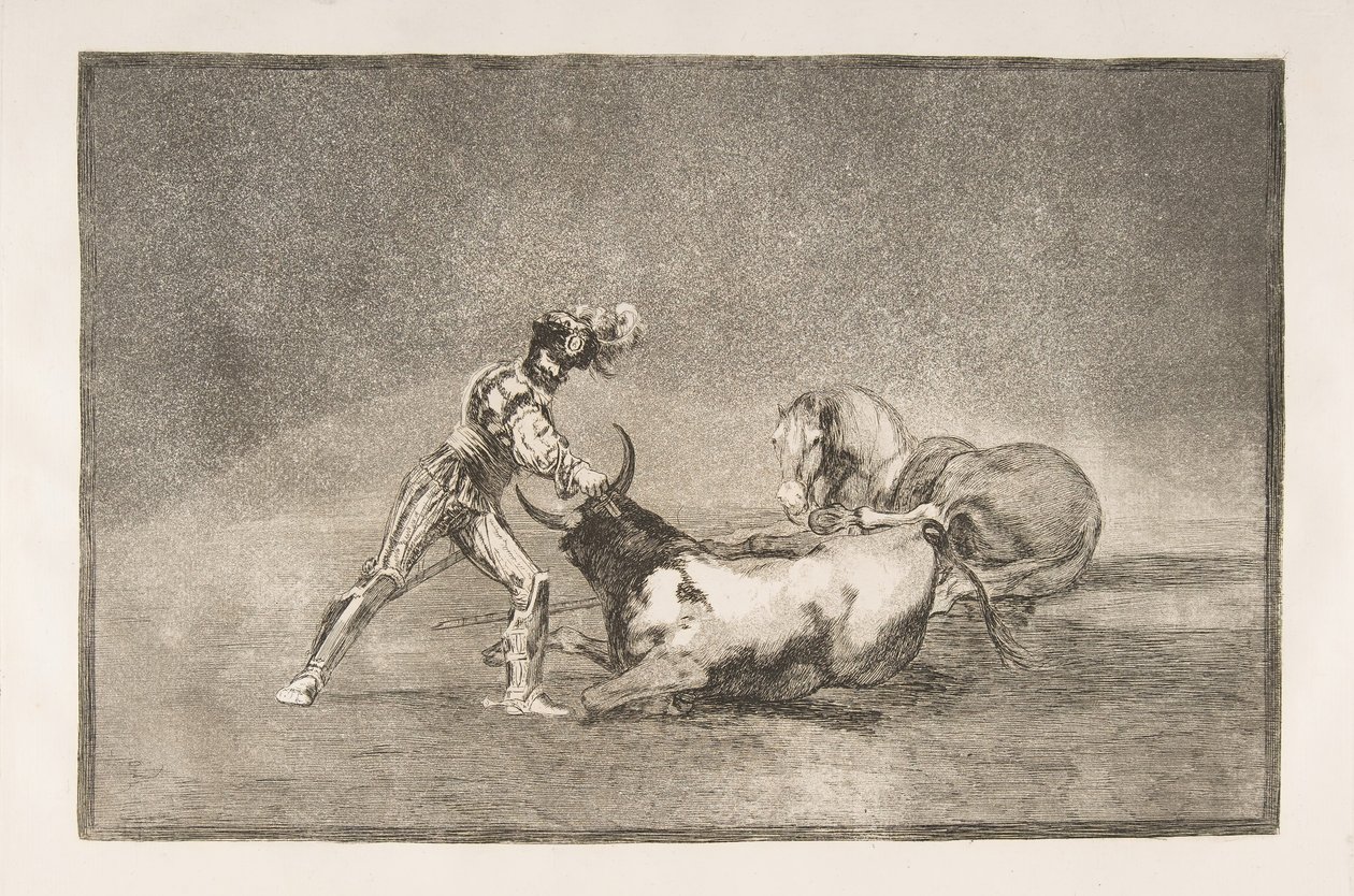اللوحة 9 من Tauromaquia: فارس إسباني يقتل الثور بعد أن فقد حصانه. ، 1816. بواسطة فرانسيسكو دي جويا