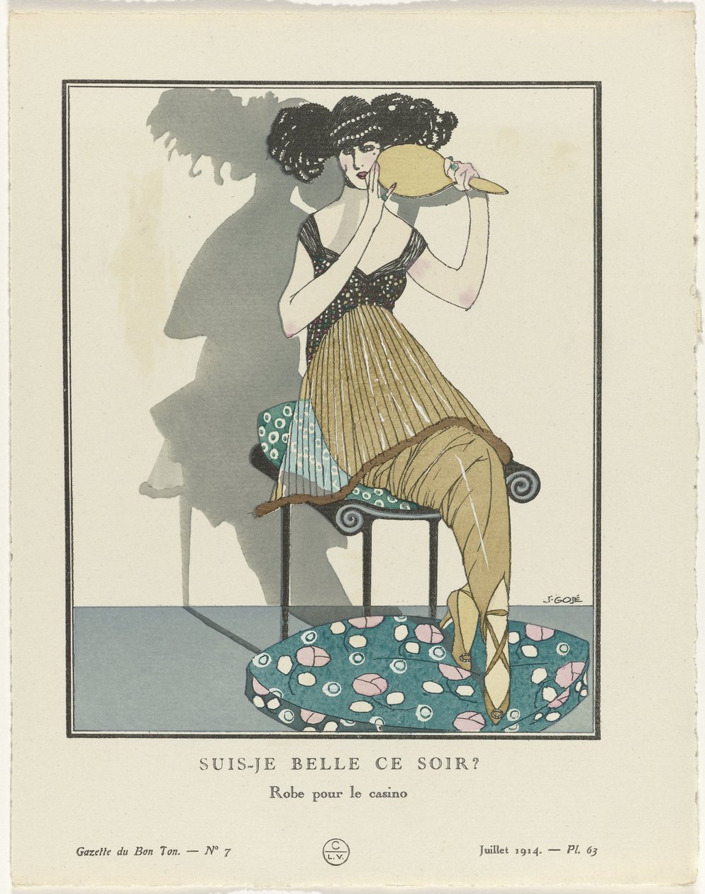 جازيت دو بون تون. الفن - الأنماط والعبث: فنانون Gazette du Bon Ton، 1914، No. 7، Pl.63: هل أنا جميلة الليلة؟ / اللباس للكازينو (العنوان على الكائن) بواسطة فرانسيسكو خافيير جوز