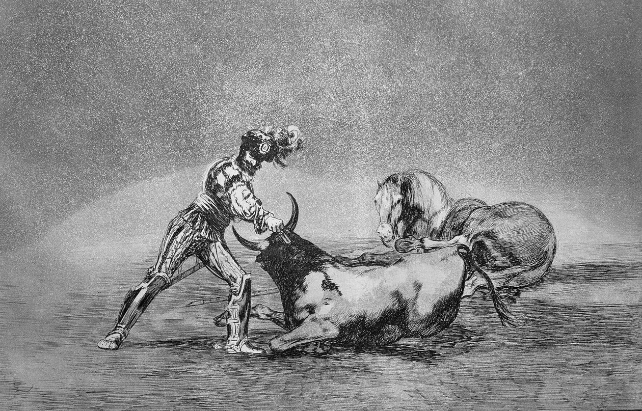 فارس إسباني يقتل الثور بعد أن فقد حصانه ، اللوحة 9 من "فن مصارعة الثيران" ، الحانة. 1816 (حفر) بواسطة فرانسيسكو خوسيه دي جويا إي لوسينتس