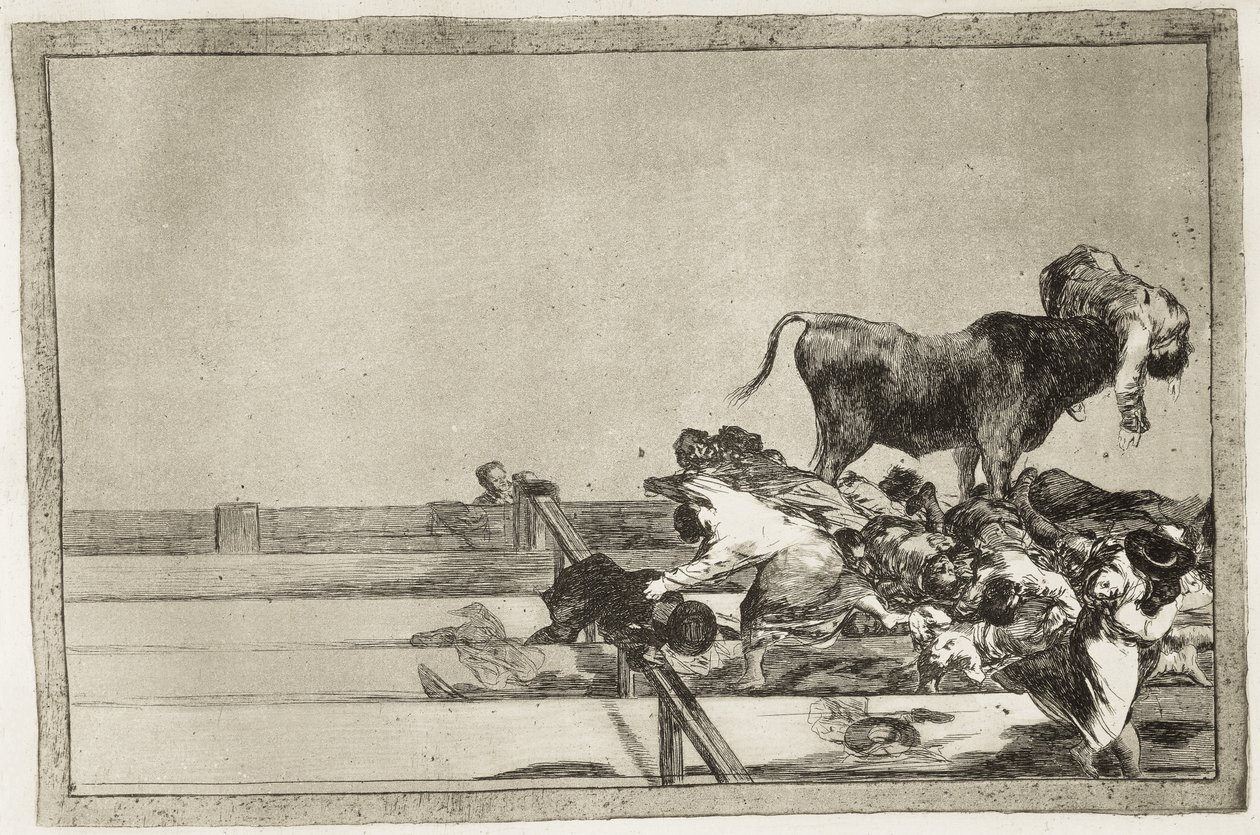GOYA Y LUCIENTES ، فرانسيسكو دي (1746-1828). أحداث مروعة في الصفوف الأمامية من الحلبة في مدريد ووفاة رئيس بلدية توريجون عام 1801. 1816. اللوحة 21 من "فن مصارعة الثيران". النقش. إسبانيا. مدريد (مجتمع مستقل). مدريد. وطني بواسطة فرانسيسكو خوسيه دي جويا إي لوسينتس