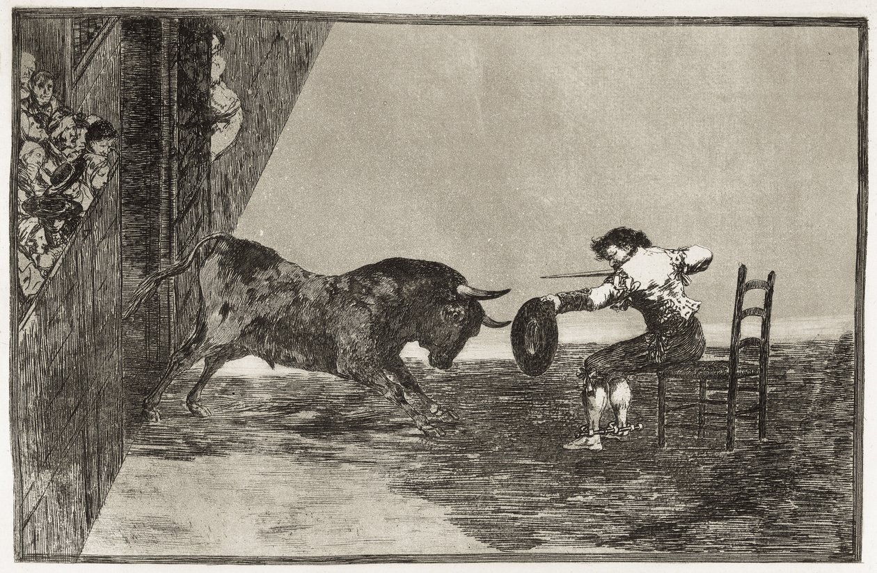 GOYA Y LUCIENTES ، فرانسيسكو دي (1746-1828). جرأة مارتينشو (ربما أنطونيو إباسوم) في حلبة سرقسطة. 1816. (24.9 × 35.7 سم). اللوحة 18 من "فن مصارعة الثيران". النقش. إسبانيا. مدريد (مجتمع مستقل). مدريد. مكتبة الوطنية بواسطة فرانسيسكو خوسيه دي جويا إي لوسينتس