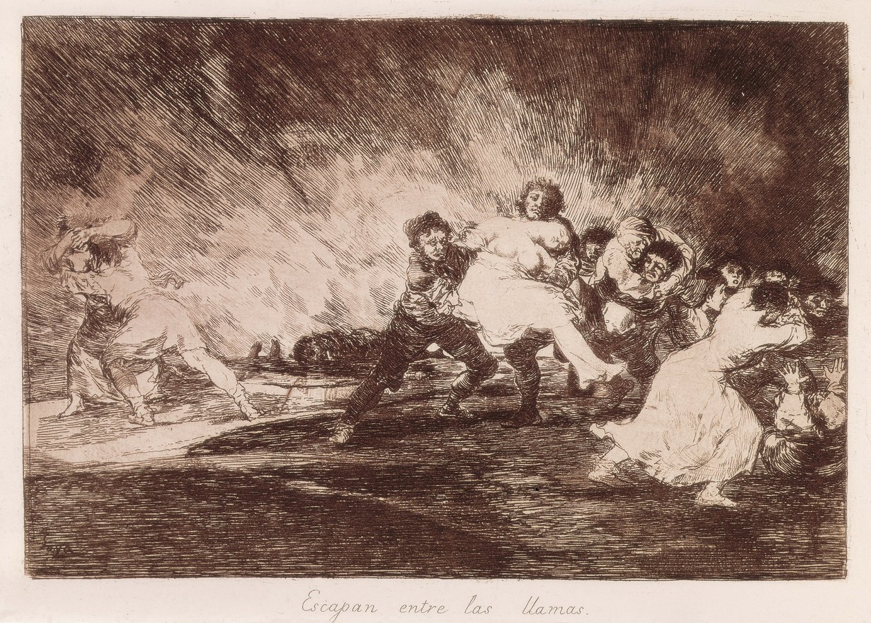 GOYA Y LUCIENTES ، فرانسيسكو دي (1746-1828). يهربون من خلال النيران. 1810-1812. (16.1 × 23.3 سم). اللوحة 47 من "كوارث الحرب". النقش. إسبانيا. مدريد (مجتمع مستقل). مدريد. مكتبة الوطنية بواسطة فرانسيسكو خوسيه دي جويا إي لوسينتس