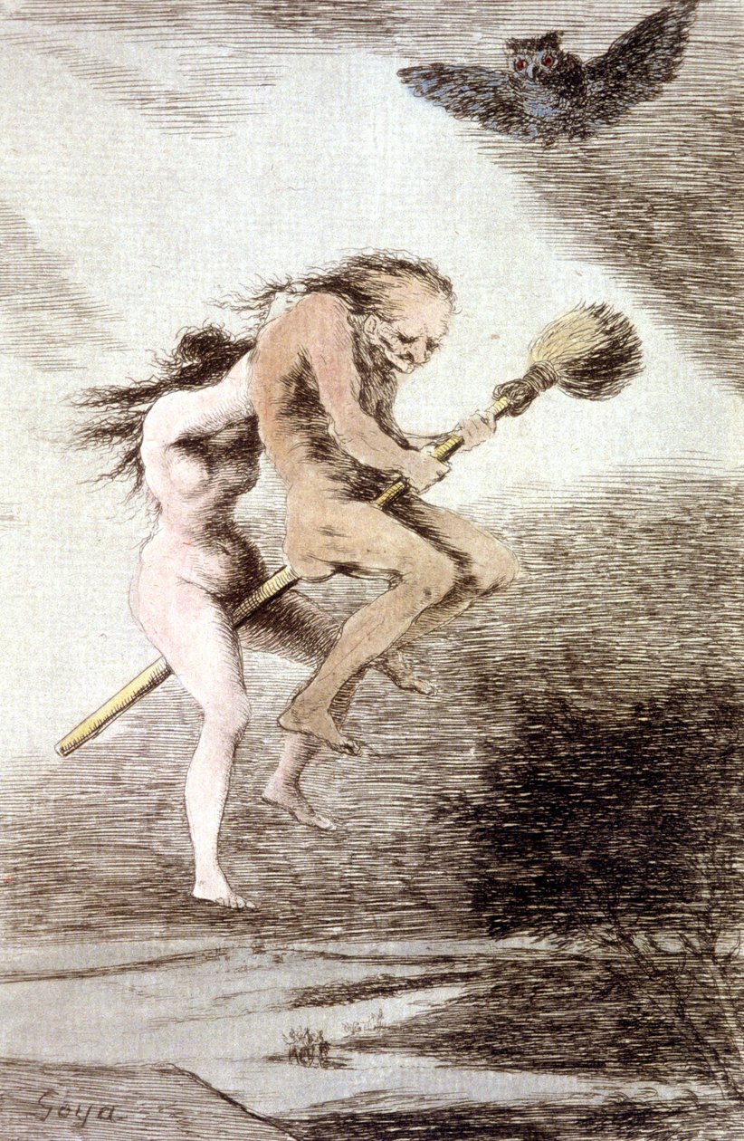 "ليندا مايستريا" السحرة على مكنسة ، ج. 1802 (نقش) بواسطة فرانسيسكو خوسيه دي جويا إي لوسينتس