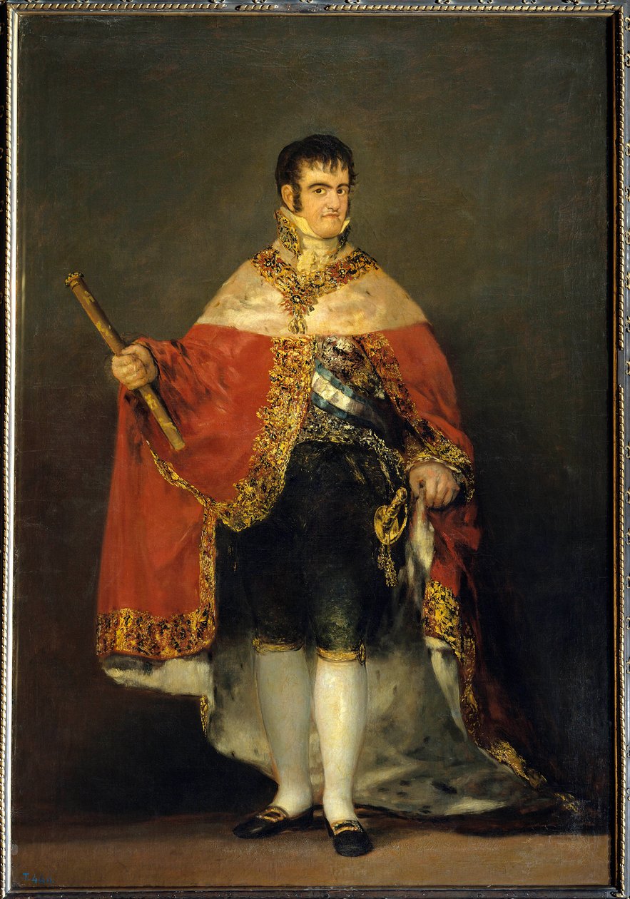 صورة للملك فرديناند السابع (1784-1833) بالزي الملكي رسمها فرانسيسكو دي غويا إي لوسينتس (1746-1828). حوالي عام 1815. مدريد. Musee du Prado - صورة للملك فرديناند السابع (1784-1833) مع Royal Mantle. لوحة لفرانشيسكو دي جويا إي لوسينتس بواسطة فرانسيسكو دي جويا