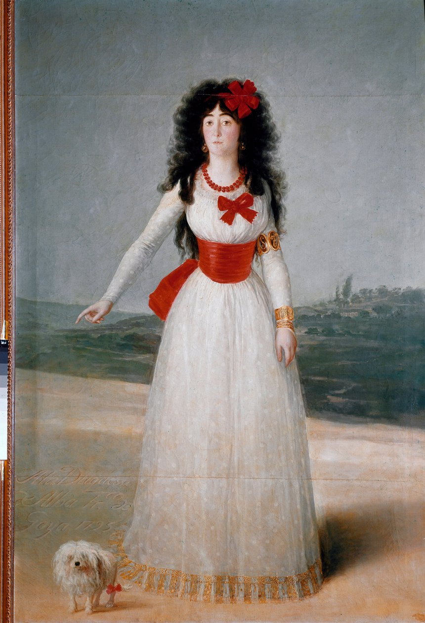 صورة لدوقة ألبا (ألبا) (ماريا تيريزا كايتانا دي سيلفا) (1762-1802) لوحة لفرانسيسكو غويا إي لوسينتس (1746-1828) 1795 قاتمة. 194x130 سم مدريد ، مجموعة ألبا بواسطة فرانسيسكو دي جويا