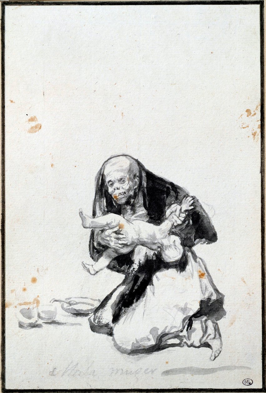 المرأة السيئة (Mala mujer). المرأة الشريرة. مشهد الأنثروبوفاجي ، ساحرة تلتهم طفلاً. غسل رمادي بواسطة فرانسيسكو غويا ي لوسينتس (1746-1828) صن. 0،21x0،14 م باريس ، متحف اللوفر بواسطة فرانسيسكو دي جويا
