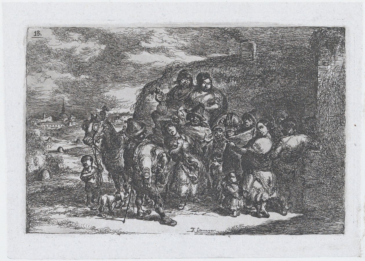 اللوحة 13: مجموعة من الناس في الخارج من المحتمل أن يكونوا موسيقيين ، من مسلسل الوصاية ... ، 1850. بواسطة فرانسيسكو لامير بيرينغير