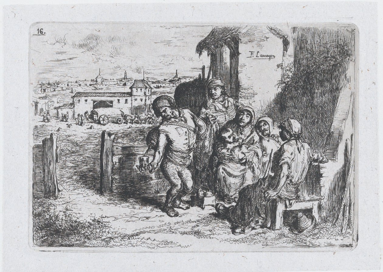 اللوحة 16: مجموعة من الناس في الخارج بينهم رجل سكب نبيذًا أو ماءًا من إناء ... ، 1850. بواسطة فرانسيسكو لامير بيرينغير