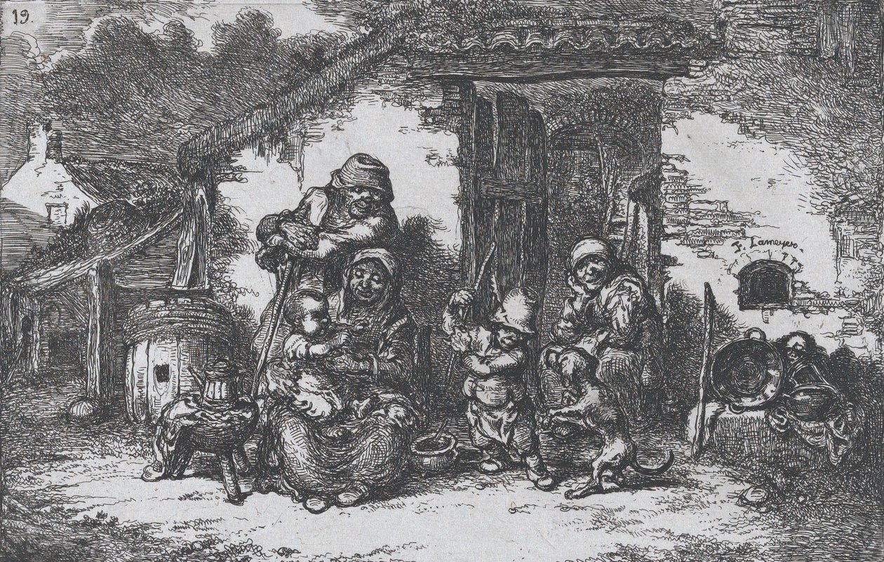 اللوحة 19: عائلة وصبي يلعبان مع كلب خارج منزل ، من سلسلة العادة ... ، 1850. بواسطة فرانسيسكو لامير بيرينغير