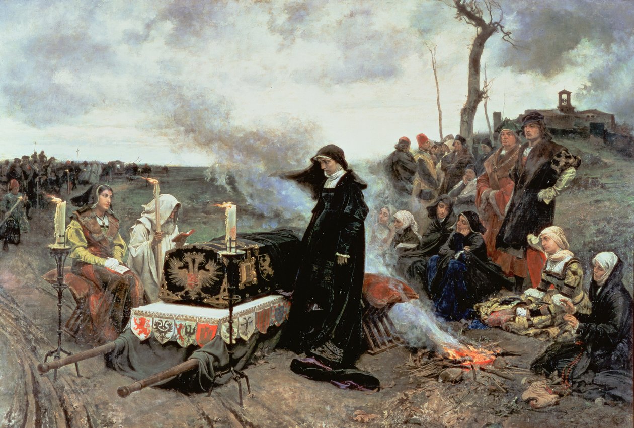 جوانا المجنون (1479-1555) مرافقة نعش فيليب الوسيم (1478-1506) إلى كارتوجا دي ميرافلوريس في غرناطة ، 1877 بواسطة Francisco Pradilla y Ortiz