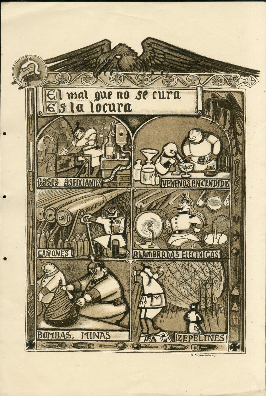 رسم توضيحي لفرانسيسكو سانشا لينغو (1874-1936) - ورقة طائرة ، حوالي عام 1915 - El mal que no se cura es la locura - حرب 14-18 ، ألمانيا بروسيا ، غاز Asphixiant ، اللغة الإسبانية ، الصحافة الأجنبية بواسطة فرانسيسكو سانشا إي لينغو
