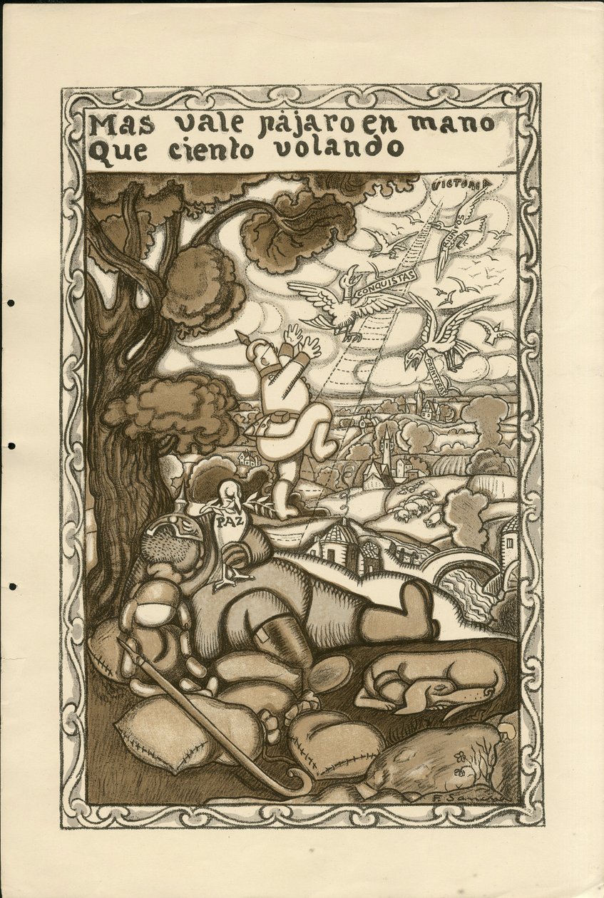 رسم توضيحي لفرانسيسكو سانشا لينغو (1874-1936) - الورقة الطائرة ، كاليفورنيا. 1915 - Mas vale pajaro en mano que ciento volando - حرب 14-18 ، ألمانيا بروسيا ، المتحاربون والرموز ، النصر ، السلام ، اللغة الإسبانية ، الصحافة الأجنبية بواسطة فرانسيسكو سانشا إي لينغو