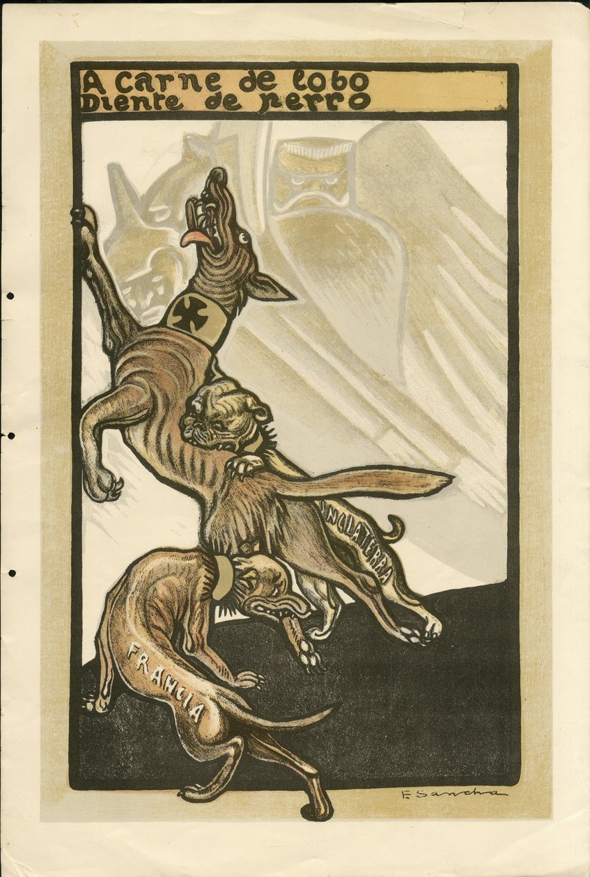 Illustration of Francisco Sancha Lengo (1874-1936) - Flying leaf, circa 1915 - A carne de lobo diente de perro - War of 14 -18, Germany Prussia, England Great Britain, Belligerants and symbols, France, Spanish Language, Foreign Press - William II, Dog, Hid بواسطة فرانسيسكو سانشا إي لينغو