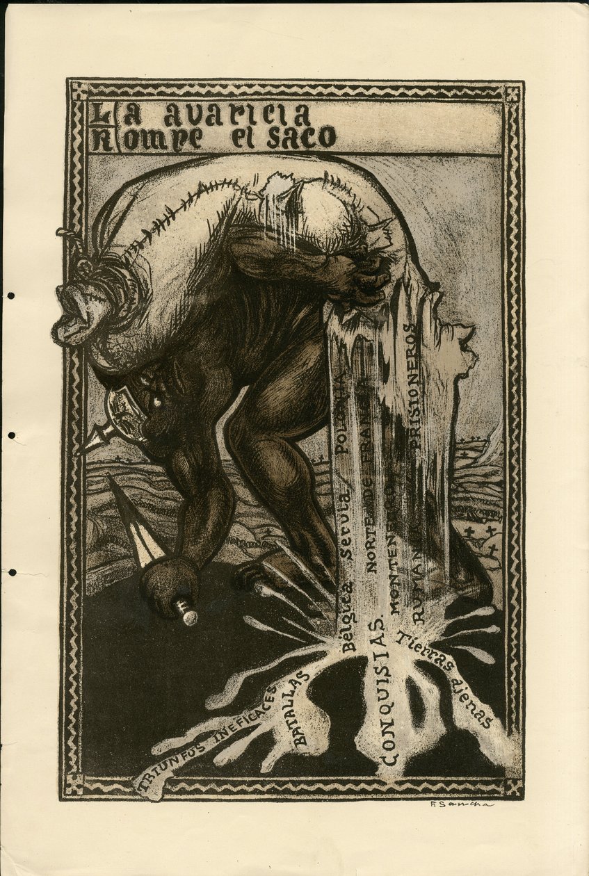 Illustration of Francisco Sancha Lengo (1874-1936) - Flying leaf, circa 1915 - War of 14 -18, Germany Prussia, Silver, Belligerants and symbols, Spanish language, Foreign press بواسطة فرانسيسكو سانشا إي لينغو
