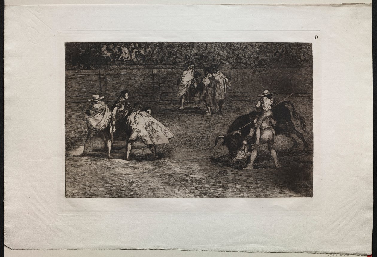 مصارعة الثيران: مصارعة ثيران مثبتة على أكتاف مساعد ، Spearing a Bull ، 1876. بواسطة فرانسيسكو دي جويا