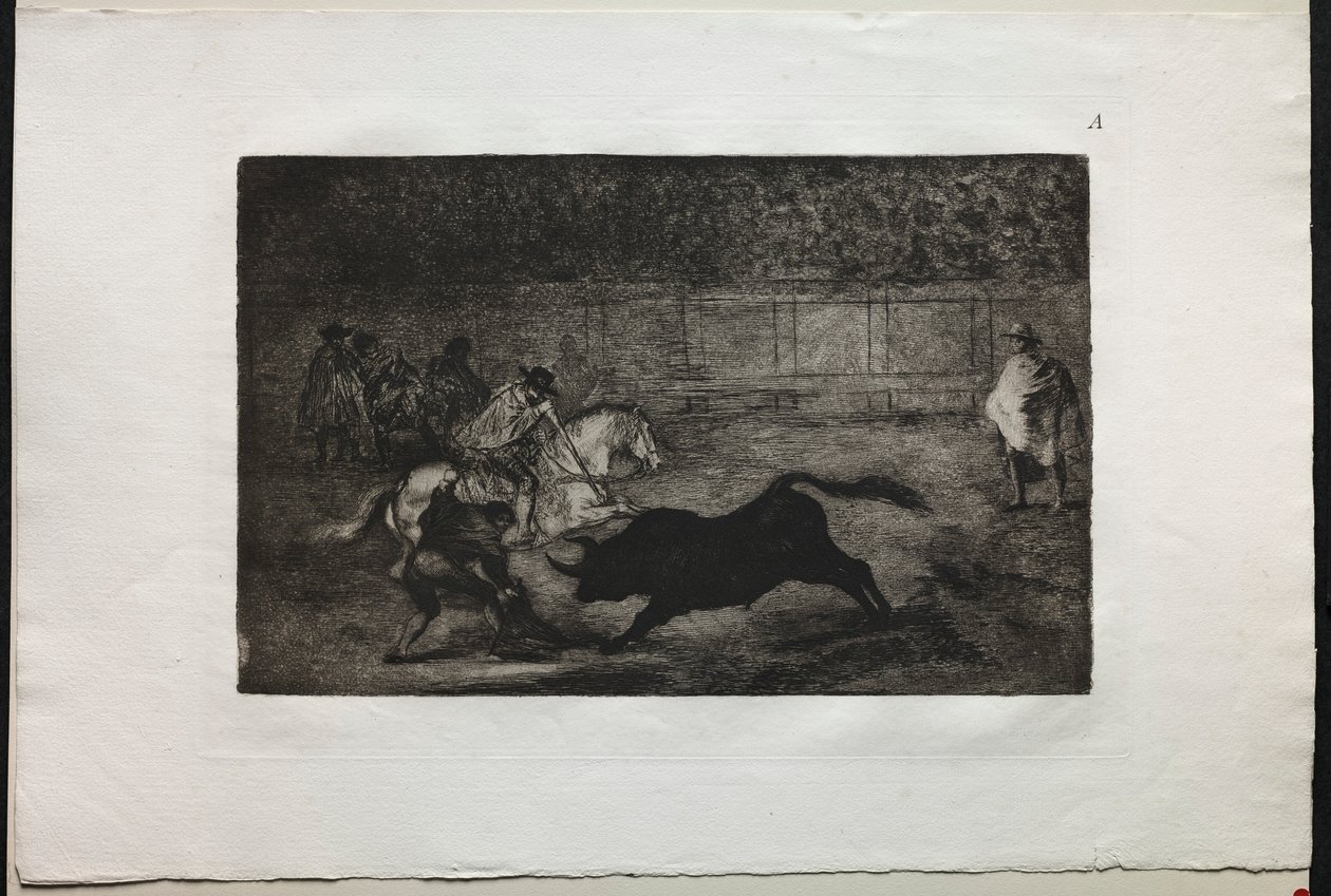 مصارعة الثيران: فارس إسباني مثبت يكسر الرماح القصيرة بمساعدة المساعدين ، 1876. بواسطة فرانسيسكو دي جويا