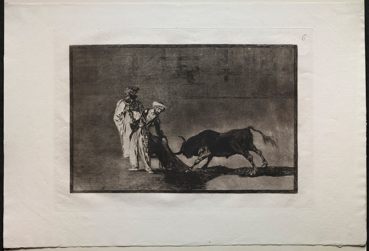 مصارعة الثيران: المغاربة يلعبون دورًا مختلفًا في الحلقة يدعون الثور مع Burnous ، 1876. بواسطة فرانسيسكو دي جويا