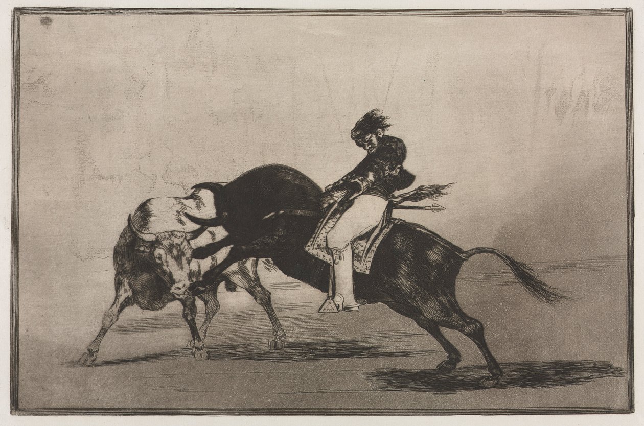 مصارعة الثيران: تم تركيب نفس Ceballos على ثور آخر يكسر رماح قصيرة في الحلبة ، 1876. بواسطة فرانسيسكو دي جويا