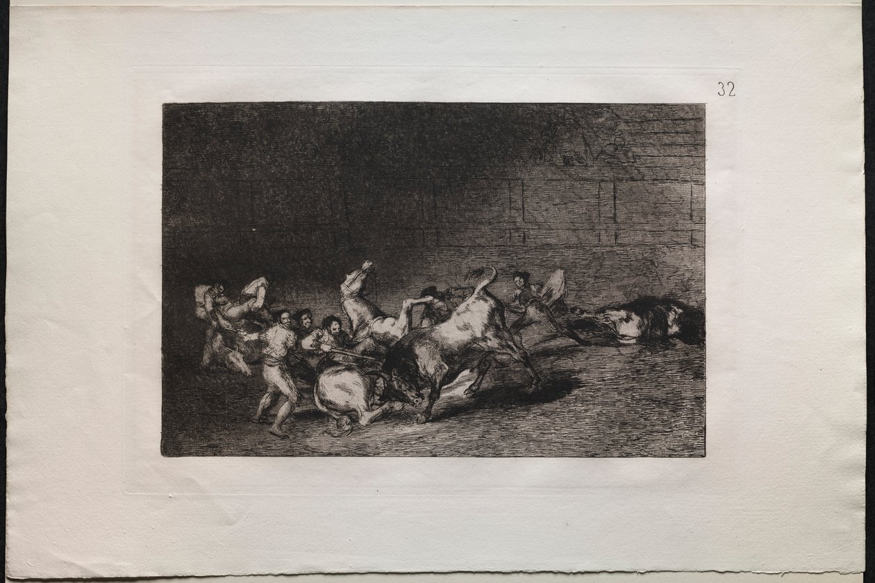مصارعة الثيران: فريقان من Picadors يتم إلقاءهما الواحد تلو الآخر بواسطة بول واحد ، 1876. بواسطة فرانسيسكو دي جويا