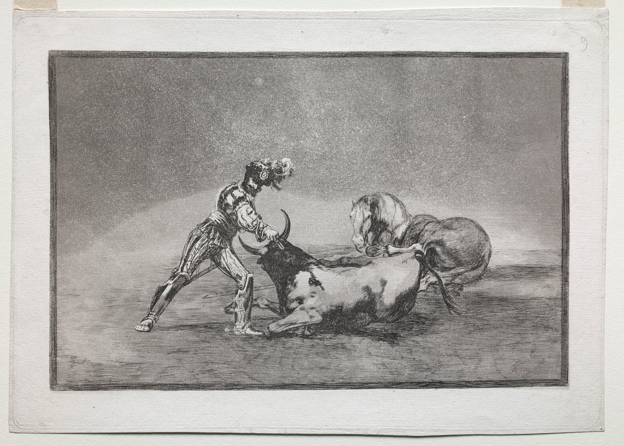 لا توراموكيا: فارس إسباني يقتل الثور بعد أن فقد حصانه ، 1815-1816. بواسطة فرانسيسكو دي جويا