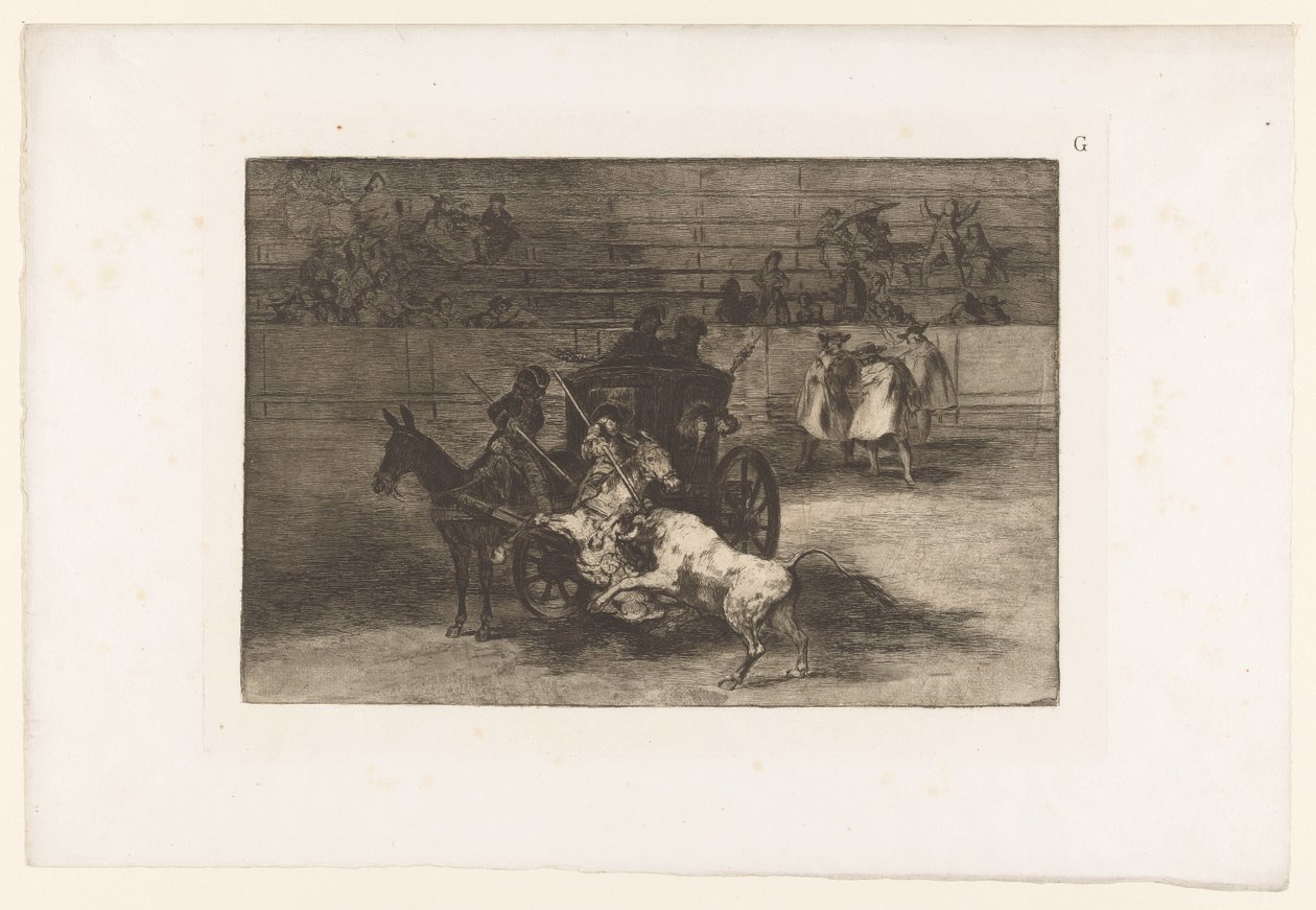 يهاجم الرجال ثورًا من عربة Combat dans une voiture attelée de deux mulets مصارعة الثيران (عنوان المسلسل) La Taureaumachie (عنوان المسلسل) La Tauromaquia (عنوان المسلسل) بواسطة فرانسيسكو دي جويا