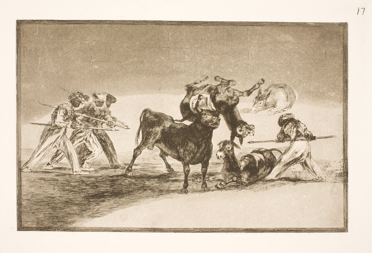 يستخدم المور الحمير كحاجز للدفاع عن أنفسهم ضد الثور ، الذي تم تجهيز قرونه بالرصاص بواسطة فرانسيسكو دي جويا