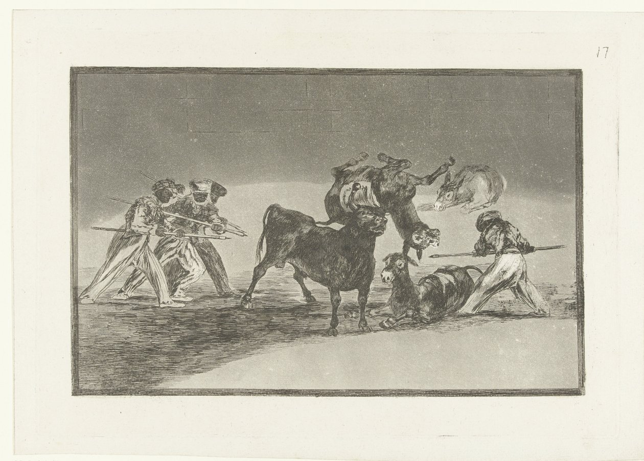 المور والحمير يقاتلون الثور Palenque de los Moros hecho con burros para defenseerse del toro embolado La Tauromaquia (عنوان المسلسل) مصارعة الثيران (عنوان المسلسل) بواسطة فرانسيسكو دي جويا