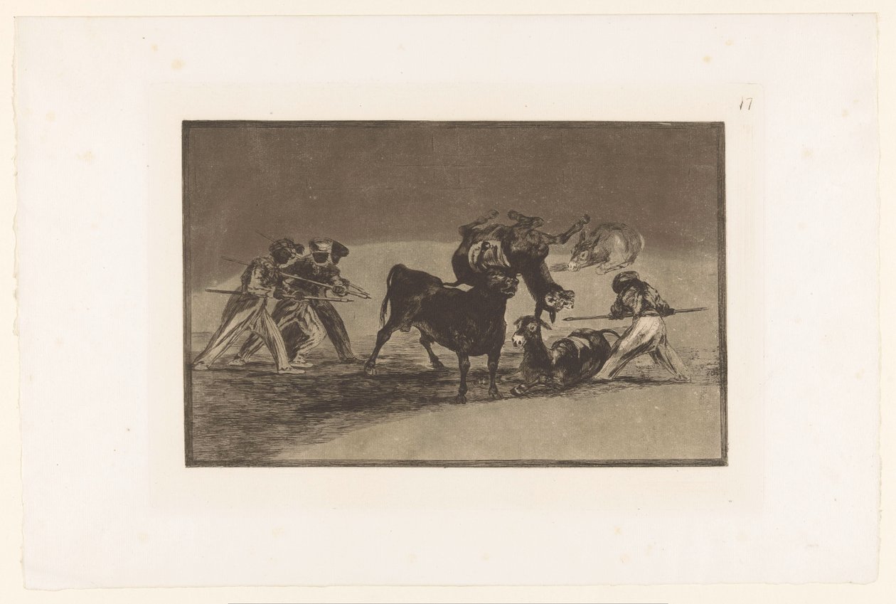 المور والحمير يقاتلون الثور Palenque de los Moros hecho con burros para defenseerse del toro embolado مصارعة الثيران (عنوان المسلسل) La Taureaumachie (عنوان المسلسل) La Tauromaquia (عنوان المسلسل) بواسطة فرانسيسكو دي جويا
