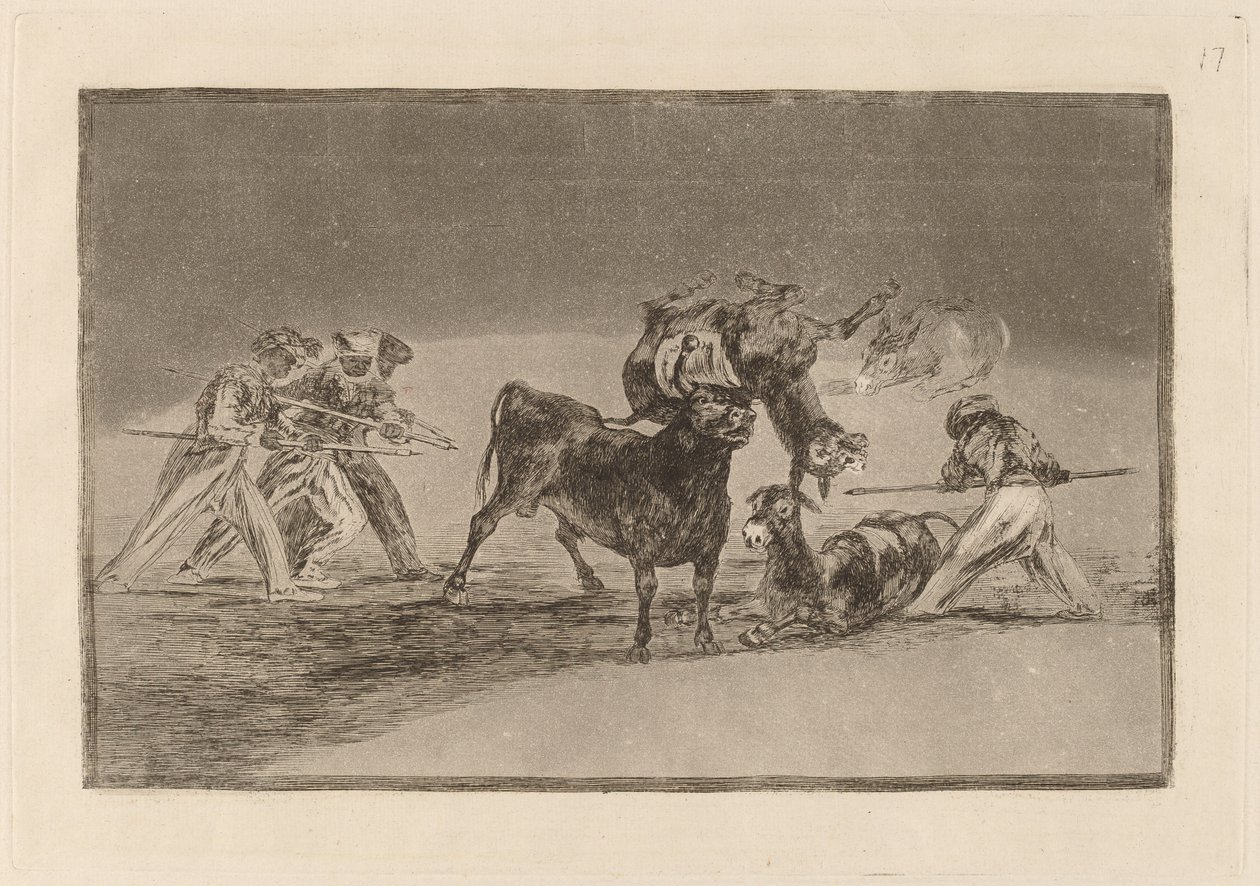 Palenque de los moros hecho con burros para defenseerse del toro embolado (يستخدم المورون الحمير كحاجز للدفاع عن أنفسهم ضد الثور الذي تم توجيه قرونه بالكرات) بواسطة فرانسيسكو دي جويا