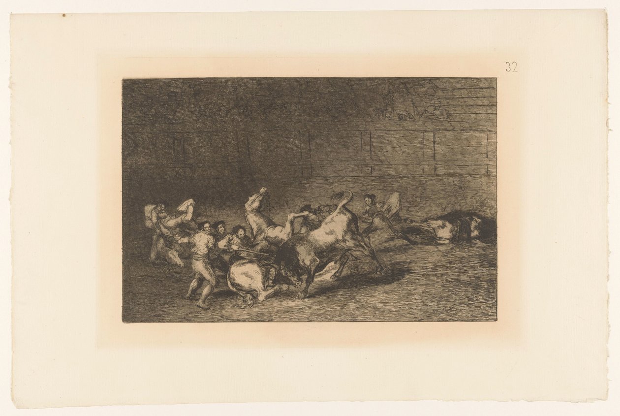 Picador steekt een lans in een stier مجموعتان من البيكادور غارقة في ثور واحد Stierengevechten (عنوان المسلسل) La Taureaumachie (عنوان المسلسل) مصارعة الثيران (عنوان المسلسل) بواسطة فرانسيسكو دي جويا