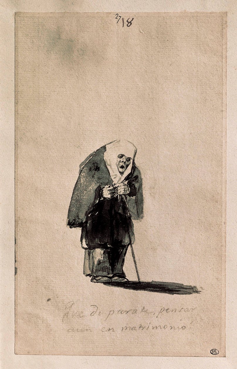Que disparate، pensar aun en matrimonio (يا له من هراء ، ما زلنا نفكر في الزواج) ، ج. 1819-23 (فرشاة ، حبر هندي ، رسم أولي بالحجر الأسود ، على ورق مضغوط أبيض) بواسطة فرانسيسكو دي جويا