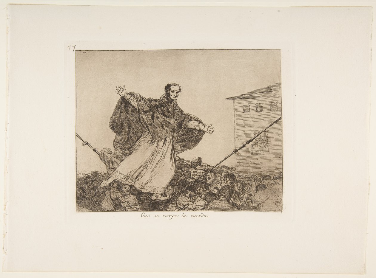 Que se rompe la cuerda (May the cord break)، Plate 77 from Los Desastres de la Guerra (The Disasters of War) ، بعد 1814-15 ، نُشرت عام 1863 (النقش أو الرسم المائي أو اللافيس والنقطة الجافة) بواسطة فرانسيسكو دي جويا
