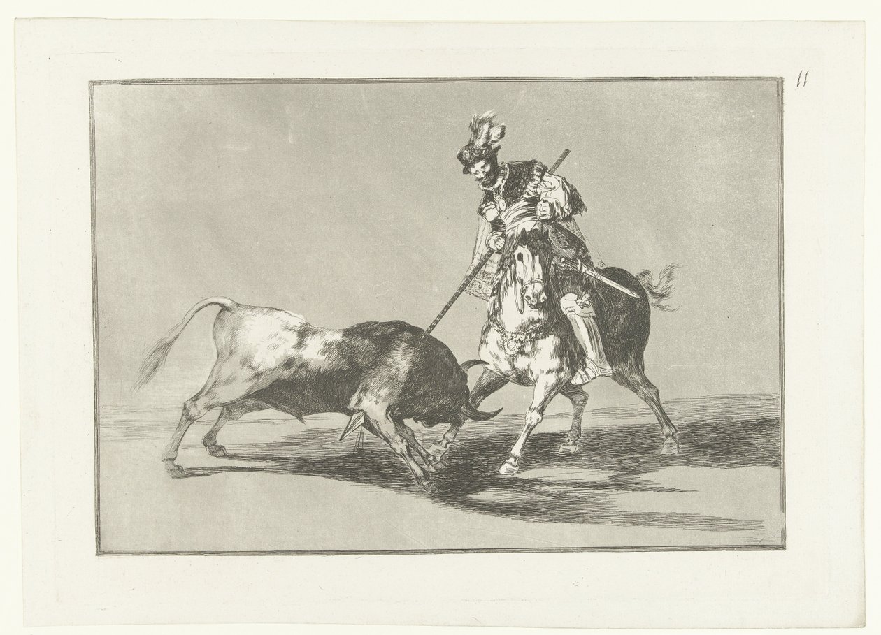 Rodrigo Díaz de Vivar verwondt een stier El Cid Campeador يرمي ثورًا آخر Stierenvechten (عنوان المسلسل) مصارعة الثيران (عنوان المسلسل) بواسطة فرانسيسكو دي جويا