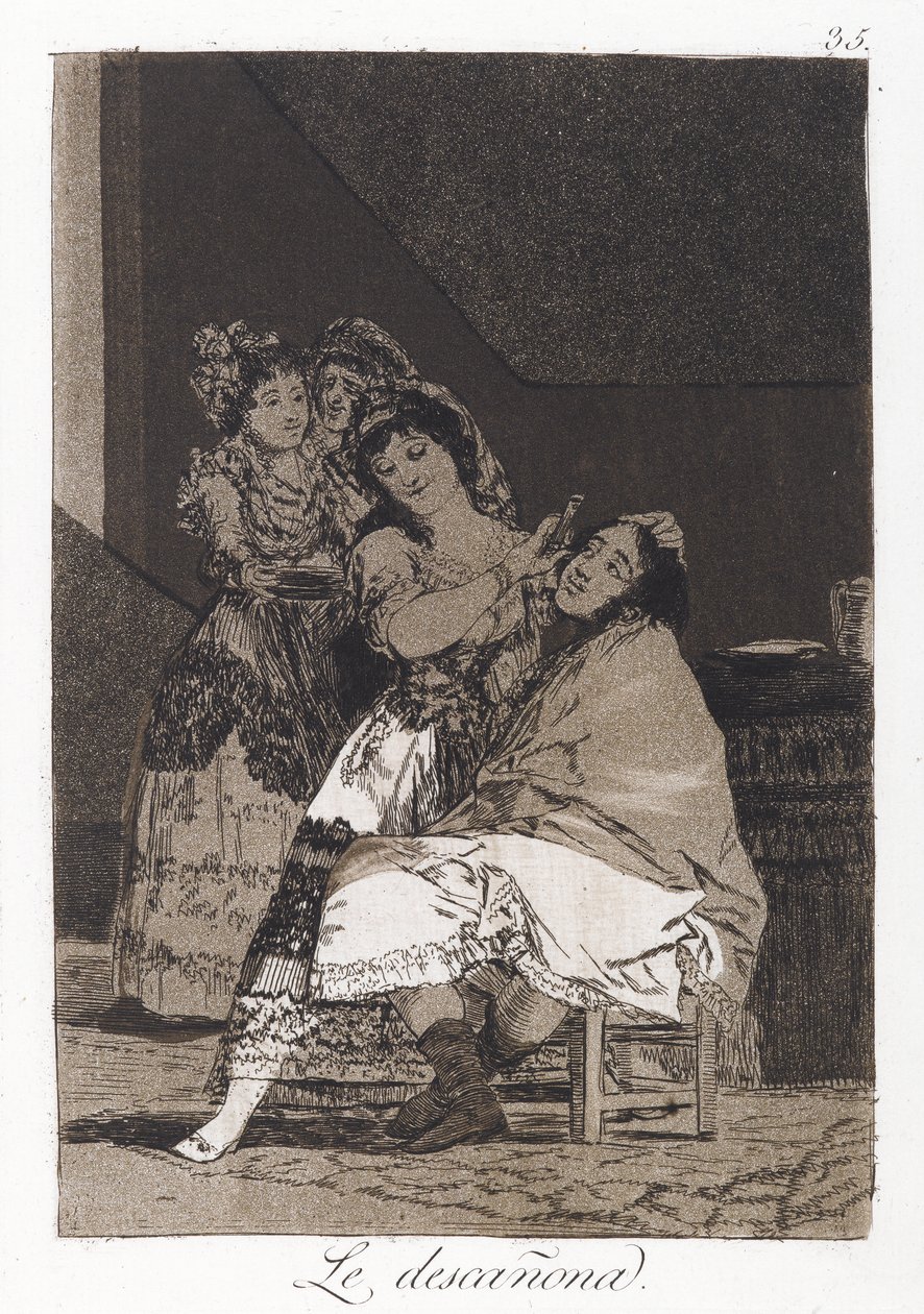 She Fleeces Him (Le descanona) ، اللوحة 35 من Los Caprichos ، c.1797-98 (النقش و aquatint على الورق) بواسطة فرانسيسكو دي جويا