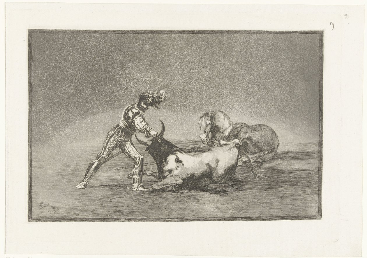 Spanse Ridder doodt een stier يقتل فارس إسباني ثورًا بعد أن فقد حصانه Stierenvechten (عنوان السلسلة) La Tauromaquia (عنوان السلسلة) بواسطة فرانسيسكو دي جويا