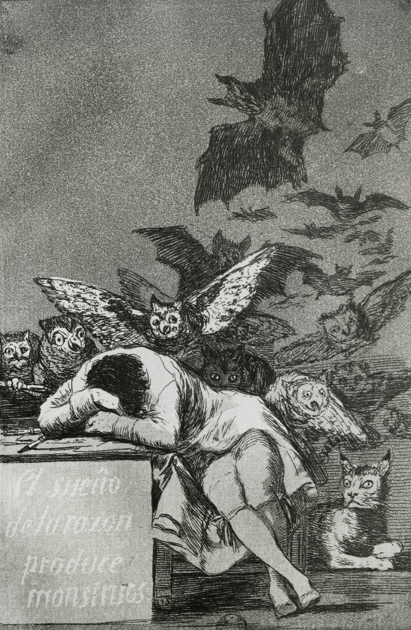 فيلم The Sleep of Reason ينتج الوحوش ، من فيلم Los Caprichos (النقش) (صور من وزن الجسم) (انظر أيضًا 81662) بواسطة فرانسيسكو دي جويا
