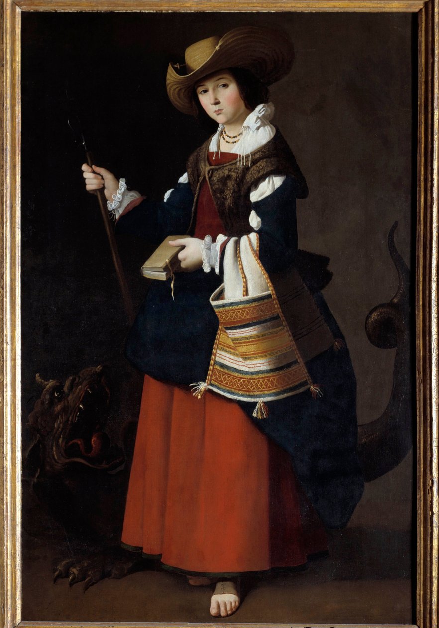 Portrait en pied de Saint Margarita d'Antioch de Pisidia أو Sainte Marine Painting بواسطة فرانسيسكو دي زورباران (1598-1664) 1630 صن. 1،63 × 1.05 م لندن ، معرض وطني - صورة بالحجم الكامل للقديسة مارغريت أنطاكية (بيسيدية) أو سانت مارينا. الرسام بواسطة فرانسيسكو دي زورباران