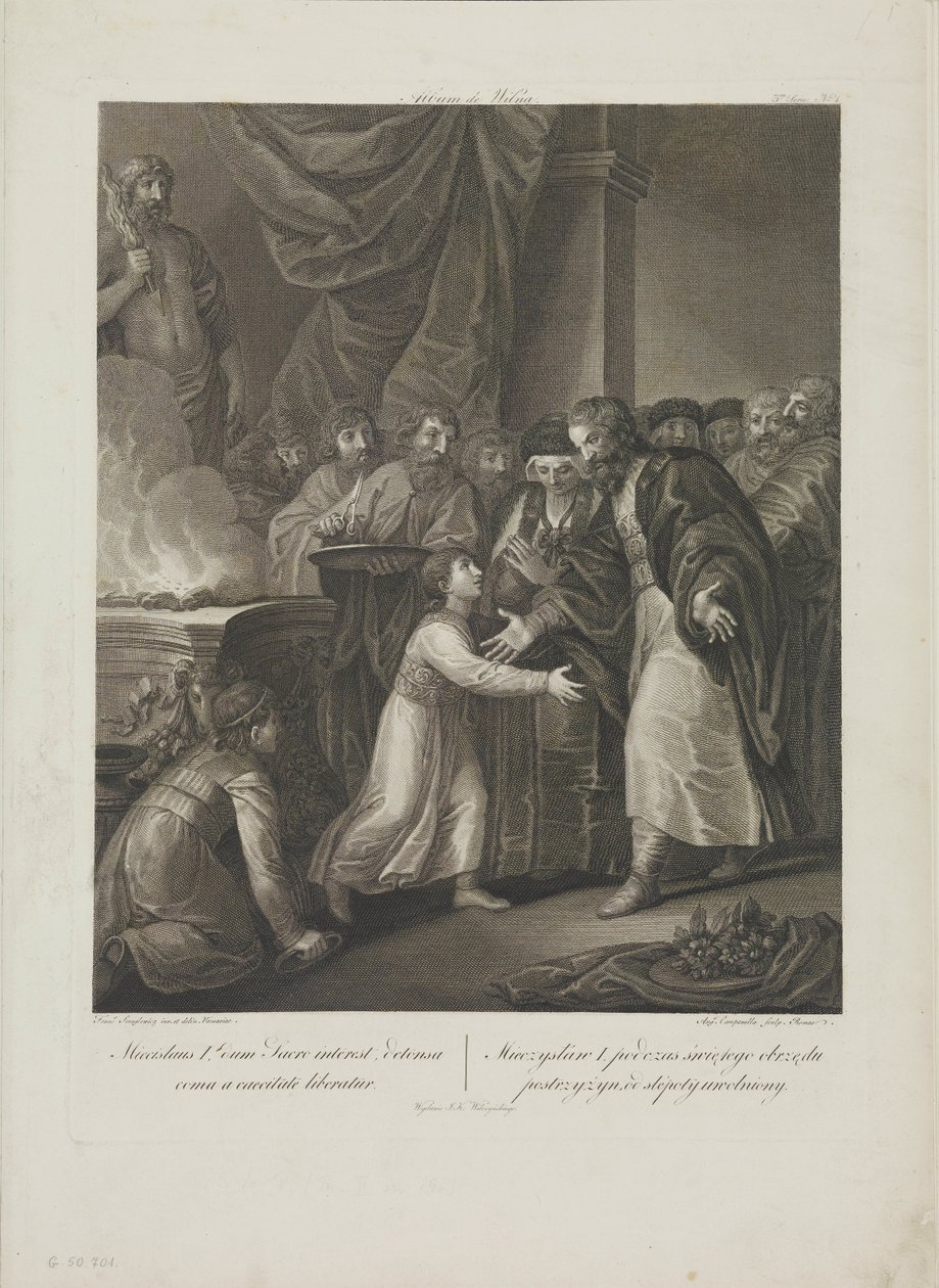 Mieszko I من بولندا يتلقى اللون من Smuglewicz ، Franciszek (1745-1807). الطباعة الحجرية ، أواخر القرن الثامن عشر .. مجموعة خاصة بواسطة فرانسيسزيك سموجليويتش