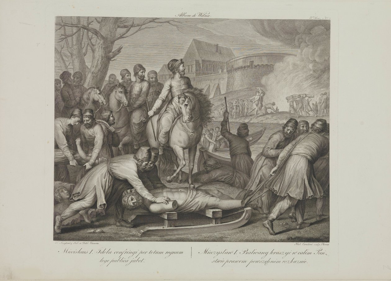 تدمير الآلهة الوثنية من قبل ميسزكو الأول ملك بولندا من قبل سموجليفيتش وفرانسيسيك (1745-1807). الطباعة الحجرية ، أواخر القرن الثامن عشر .. مجموعة خاصة بواسطة فرانسيسزيك سموجليويتش
