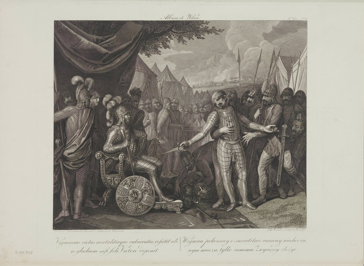 يستسلم ويتشمان الثاني الأصغر لميسزكو الأول ملك بولندا بواسطة Smuglewicz ، Franciszek (1745-1807). الطباعة الحجرية ، أواخر القرن الثامن عشر .. مجموعة خاصة بواسطة فرانسيسزيك سموجليويتش