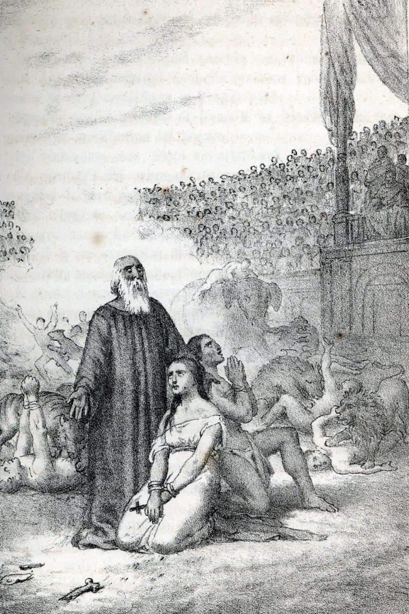 الرومان الأثريون: الشهداء المسيحيون في المدرج (شهداء كنيسة روما الأوائل) رسم من "" ميستيري ديل فاتيكانو "بقلم فرانكو ميسترالي بواسطة فرانكو ميسترالي