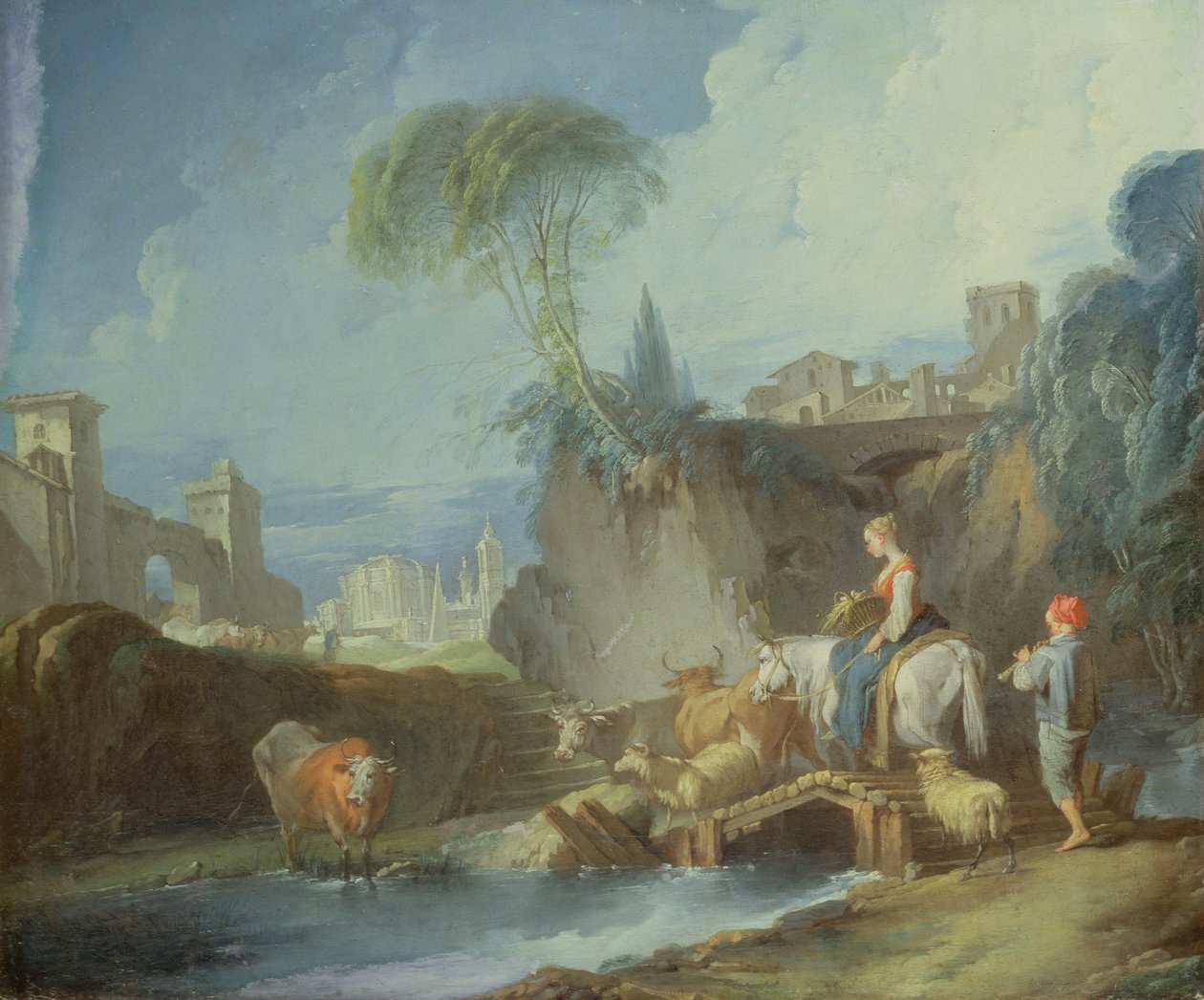 عبور الجسر ، أواخر 1730s (النصف الأيسر من اللوحة الأصلية مع 73442) بواسطة فرانسوا باوتشر