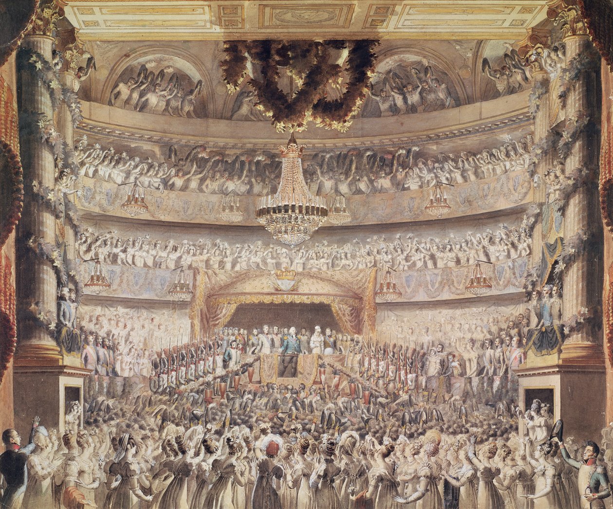 لويس الثامن عشر (1755-1824) في مسرح de l&39;Odeon ، باريس (قلم وحبر ومرحاض على ورق) بواسطة بوفيه فرانسوا