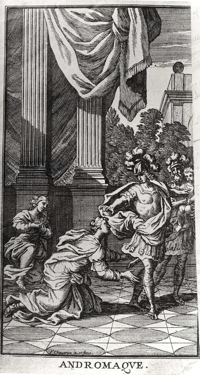 أندروماش عند قدم بيروس ، من "أندروماش" لجان راسين (1639-99) نشر في 1676 بواسطة فرانسوا شوفو