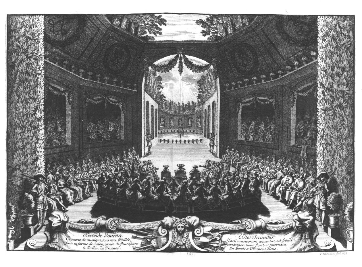 حفل موسيقي في حديقة تريانون ، اليوم الثاني من الاحتفالات في فرساي ، 14 يوليو 1668 ، 1675 (النقش) (صور من وزن الجسم) بواسطة فرانسوا شوفو
