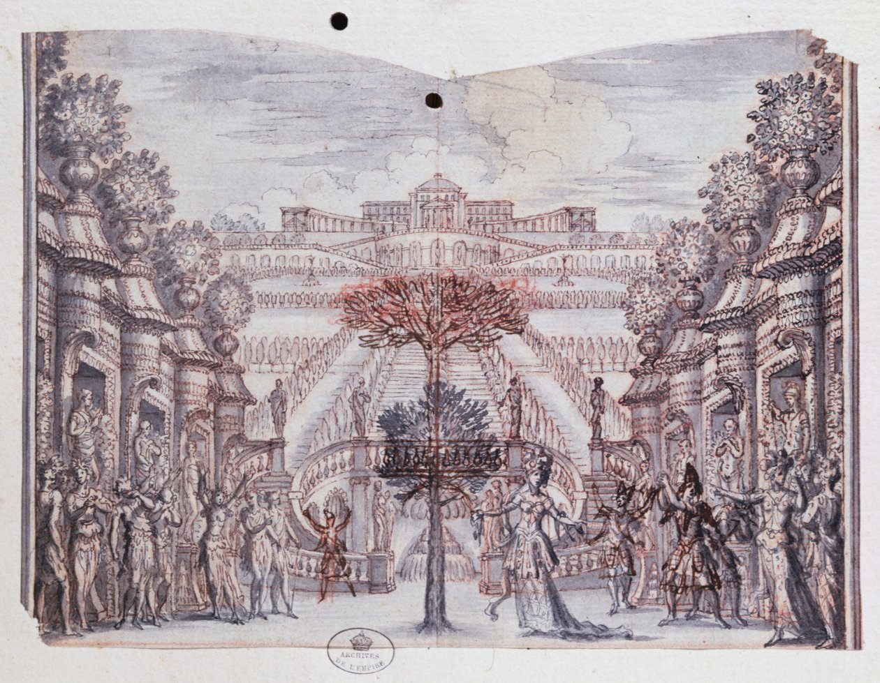 مجموعة تصميم لـ "Atys" من مجموعة بعنوان "Les Menus Plaisirs du Roi" (الطباشير الفرنسي والقلم الجاف والحبر والغسيل) بواسطة فرانسوا شوفو